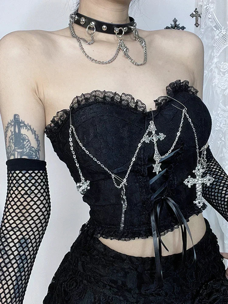 Gothic Dark Punk Harajuku Grunge Stylish Elegant Chic Trendy Lace-Up Crop Top Black / S