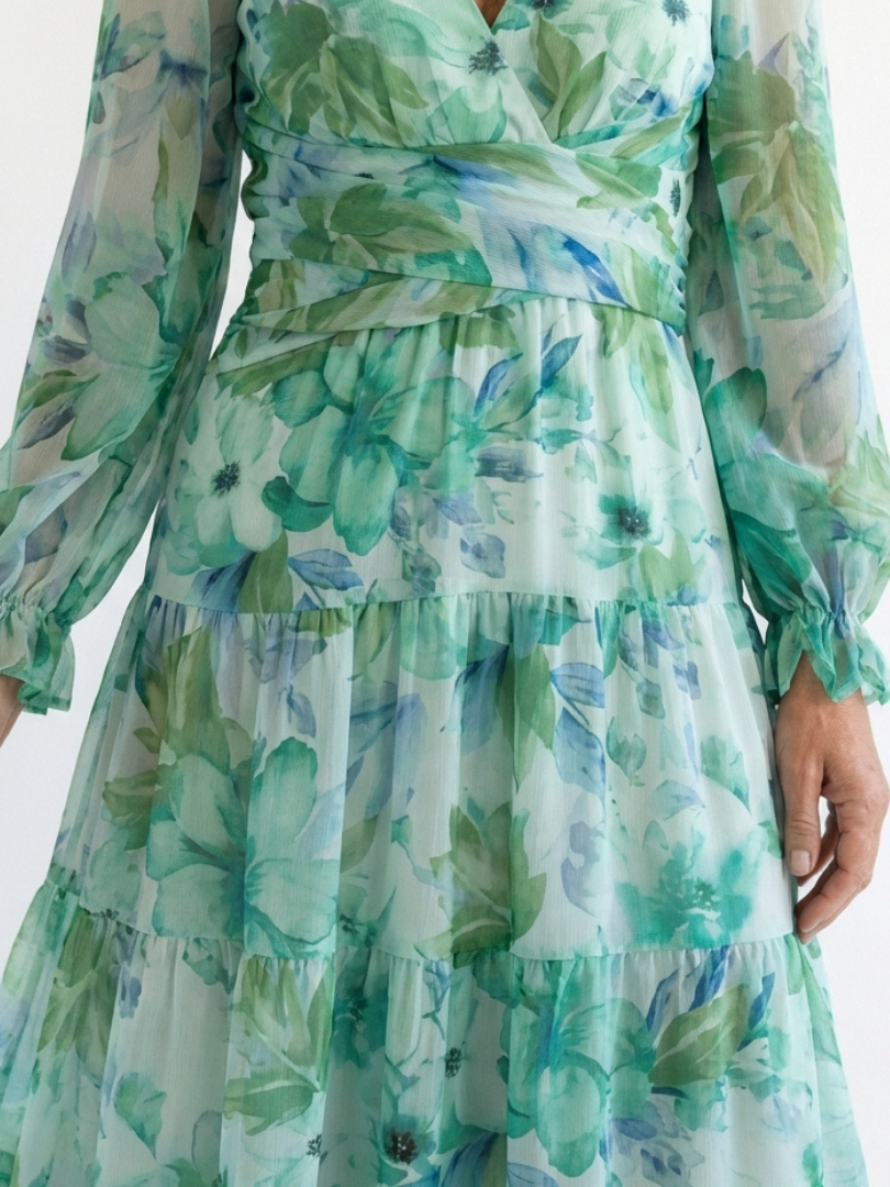 V-Neck Floral Bishop Sleeve Tiered Chiffon Maxi Dress