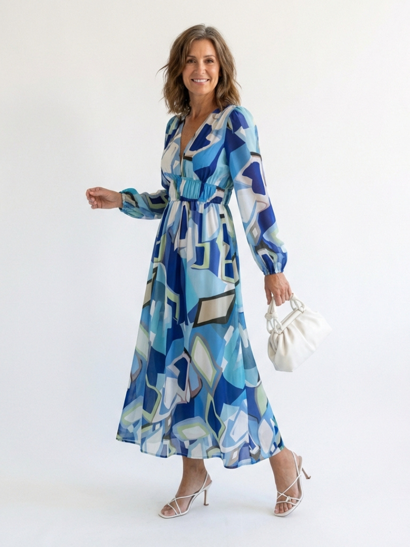 V-Neck Floral Bishop Sleeve Tiered Chiffon Maxi Dress