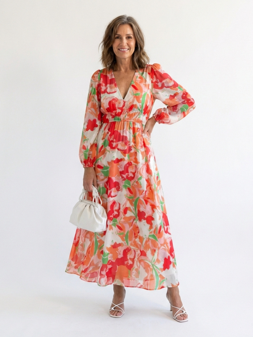 V-Neck Floral Bishop Sleeve Tiered Chiffon Maxi Dress