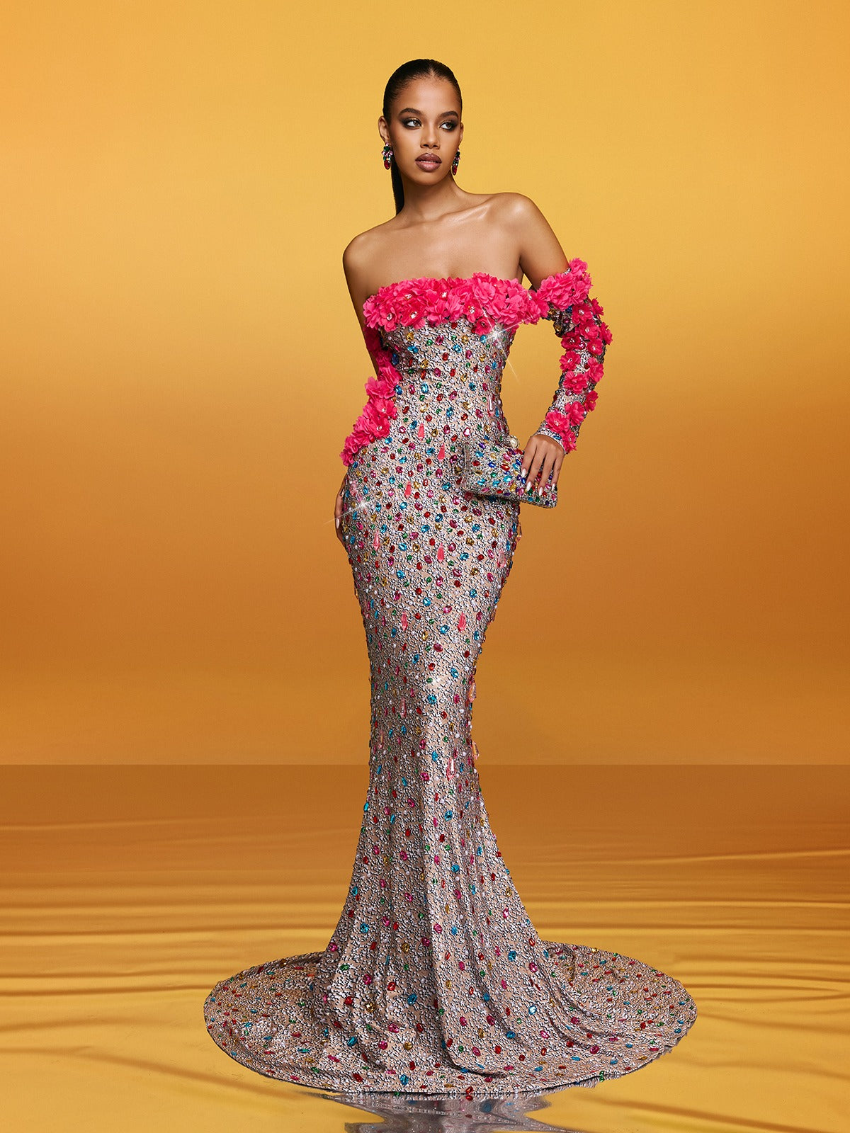 Off Shoulder Flower Crystal Maxi Dress