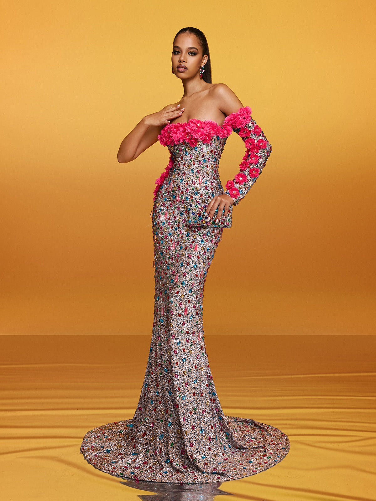 Off Shoulder Flower Crystal Maxi Dress