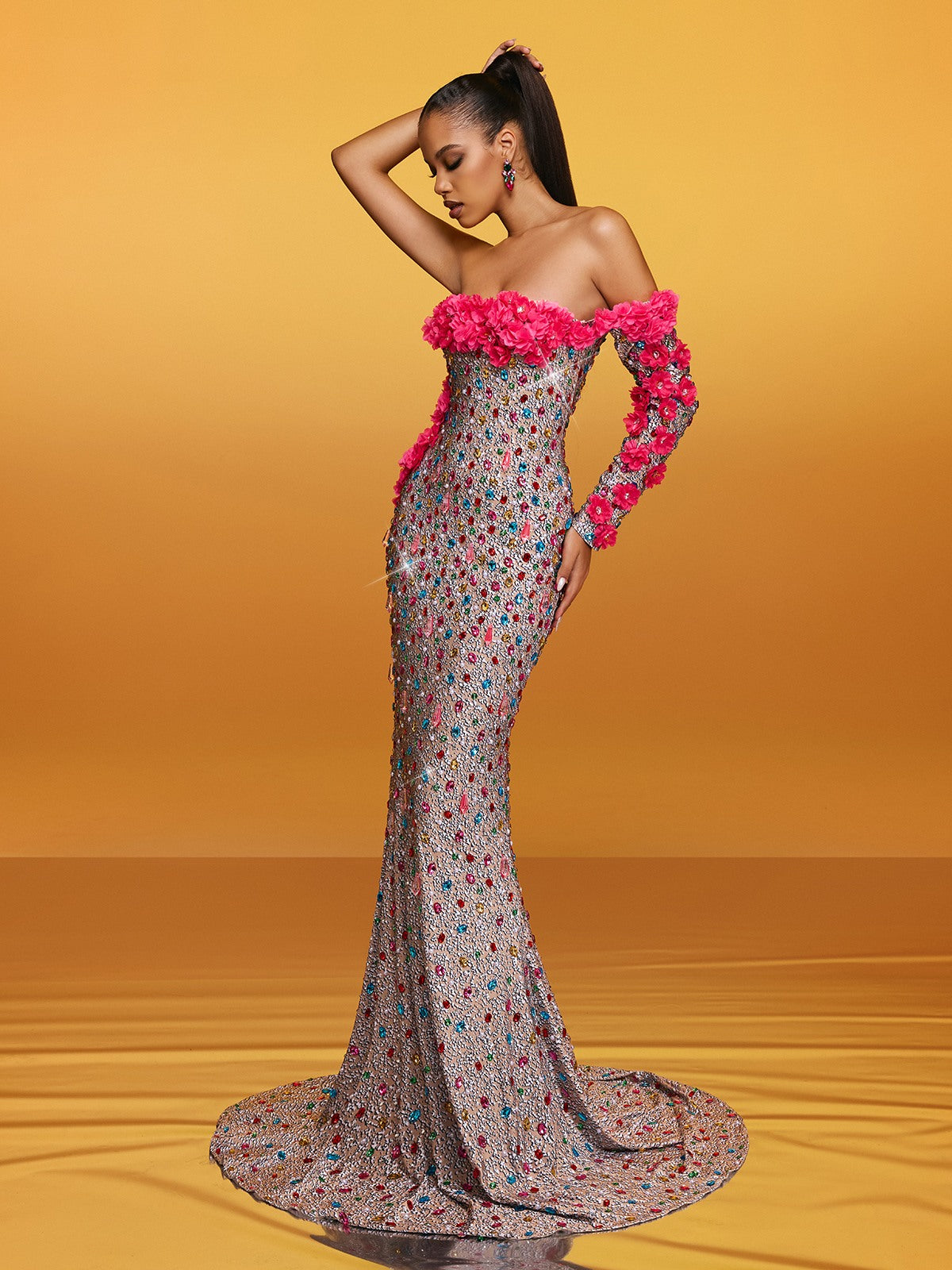Off Shoulder Flower Crystal Maxi Dress