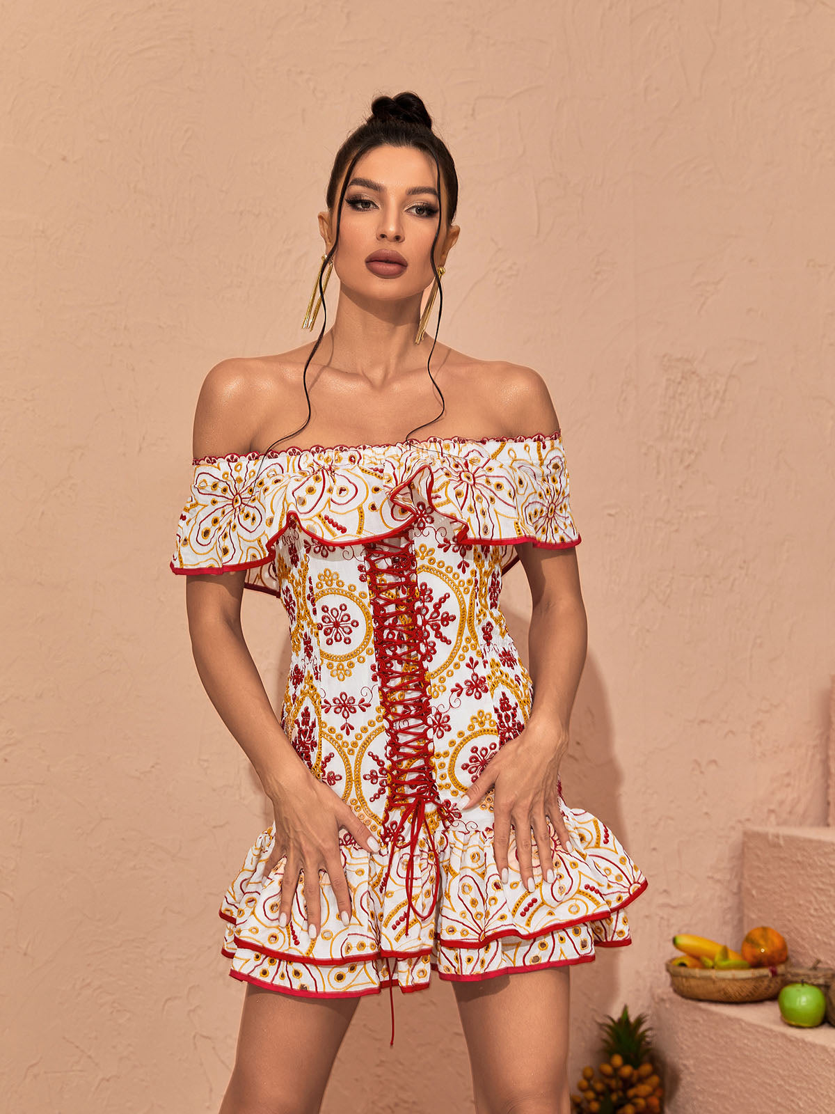 Off-Shoulder Embroidered Lace-Up Corset Ruffle Hem Mini Dress