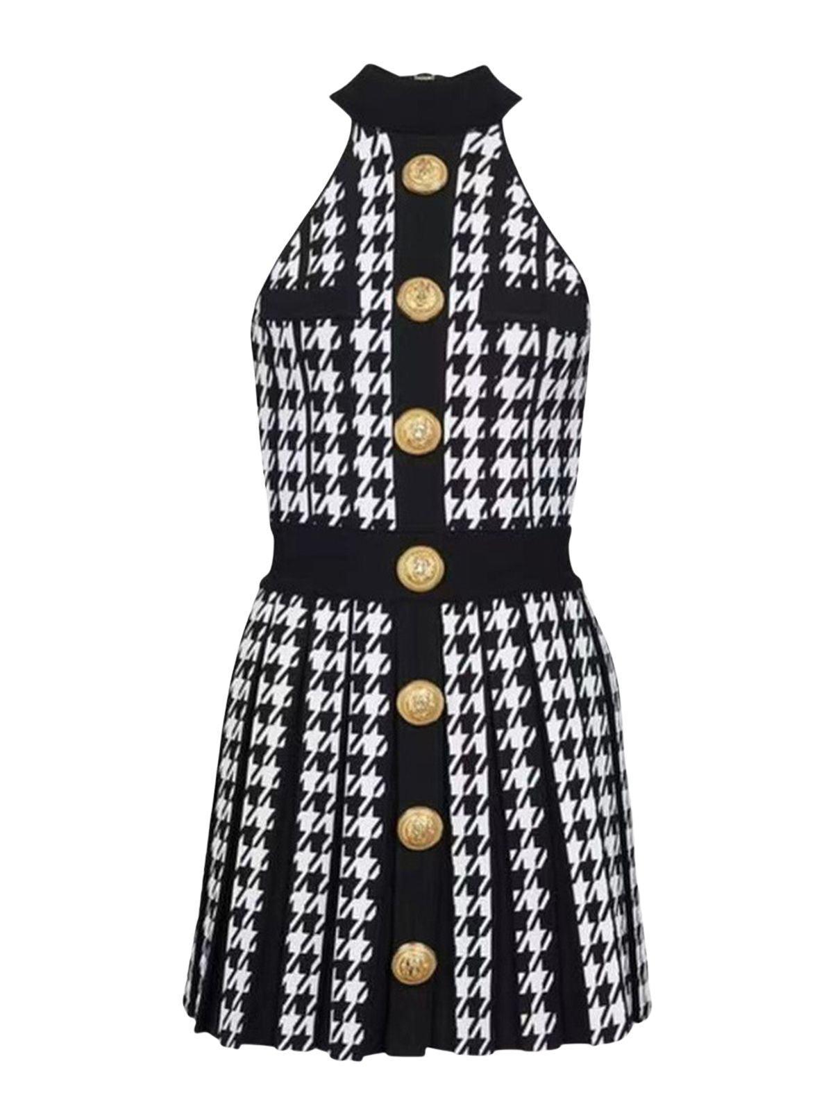 Mock Neck Sleeveless Houndstooth Knit Gold Button Pleated Mini Dress