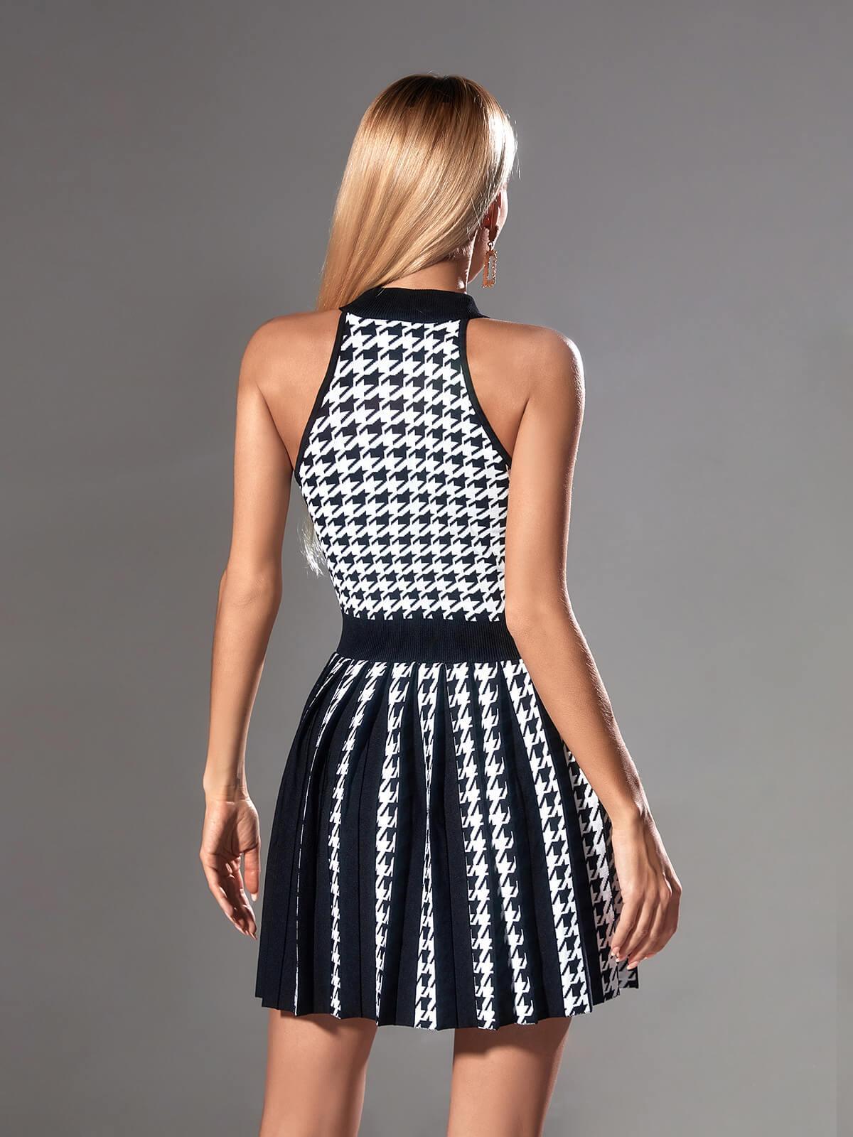 Mock Neck Sleeveless Houndstooth Knit Gold Button Pleated Mini Dress