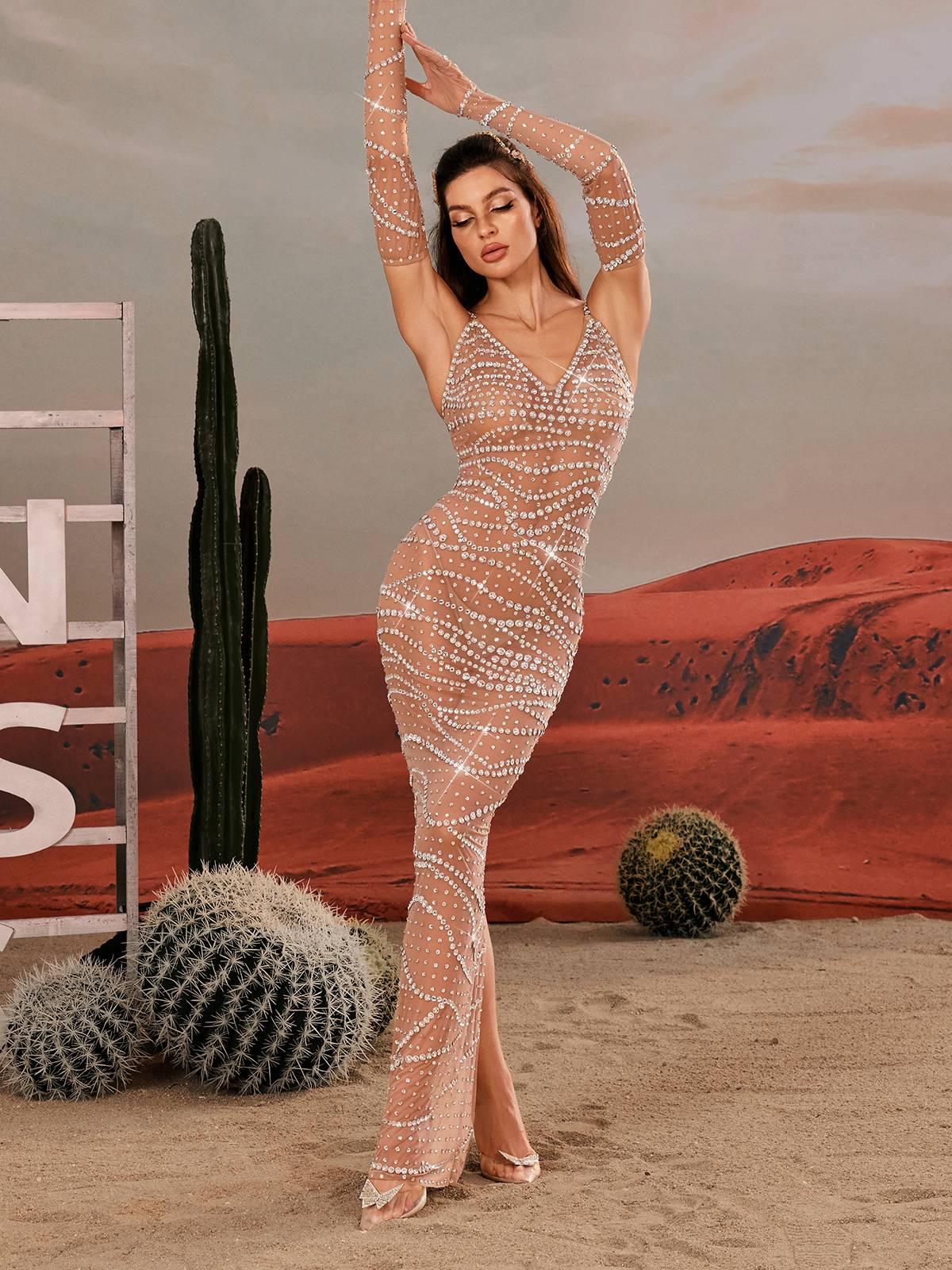 Spaghetti Rhinestone Mesh Maxi Dress