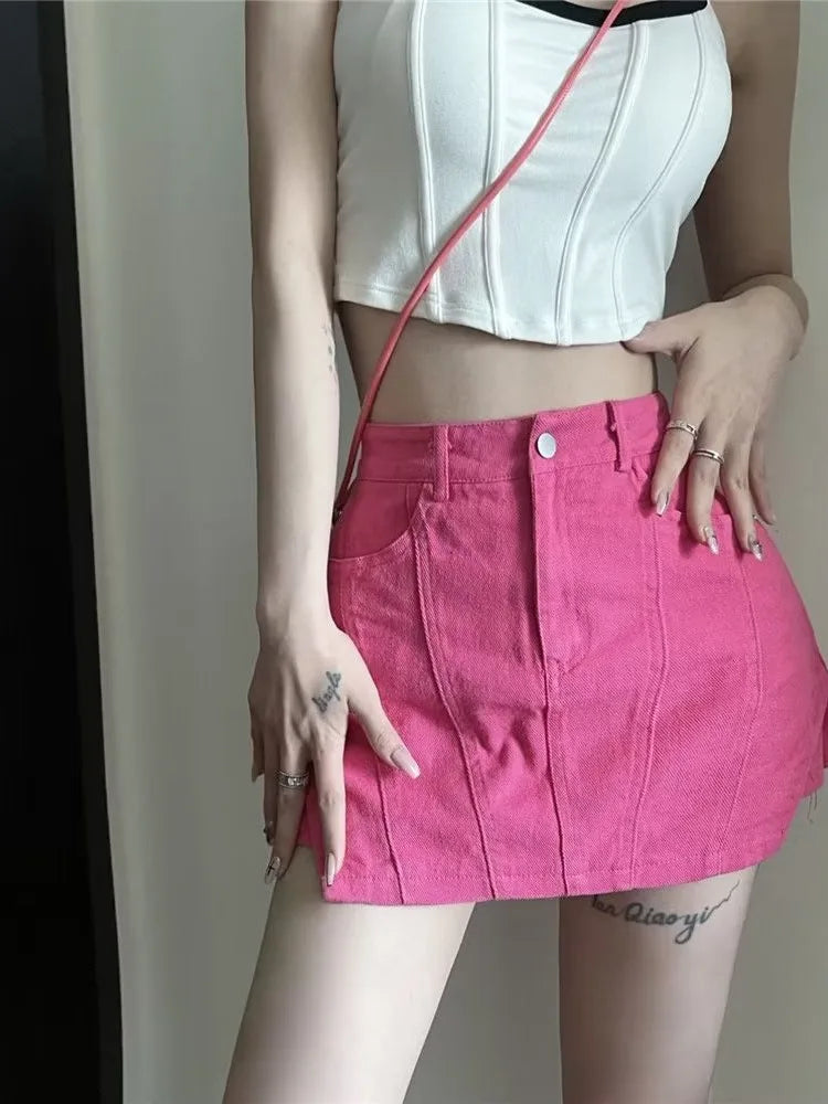 American Retro Spicy Girl Super Short Anti Glare Solid Color Pleated Low Waisted A-Line Jean Rose