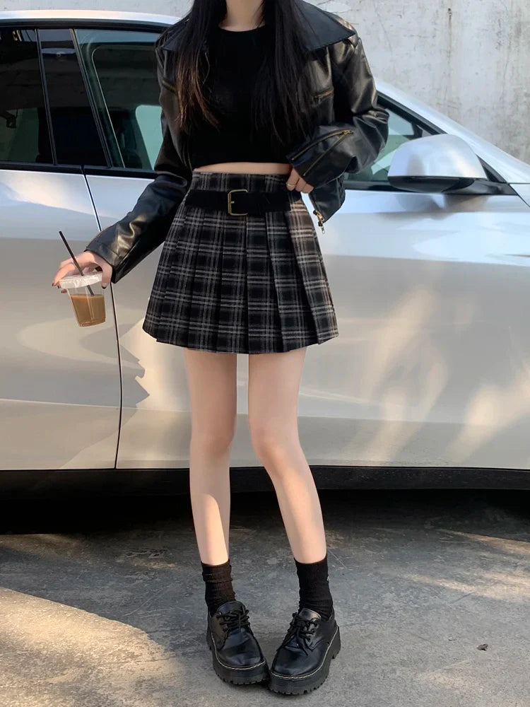 Retro Plaid Coffee Color Aline Pleated Short College Skirt