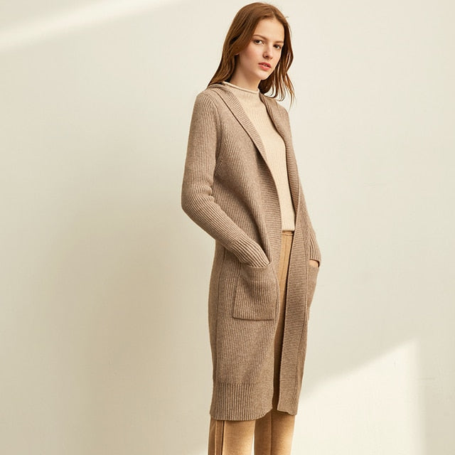 Women Fashion New Loose Hat Long Knitted Female Cardigan Khaki / L
