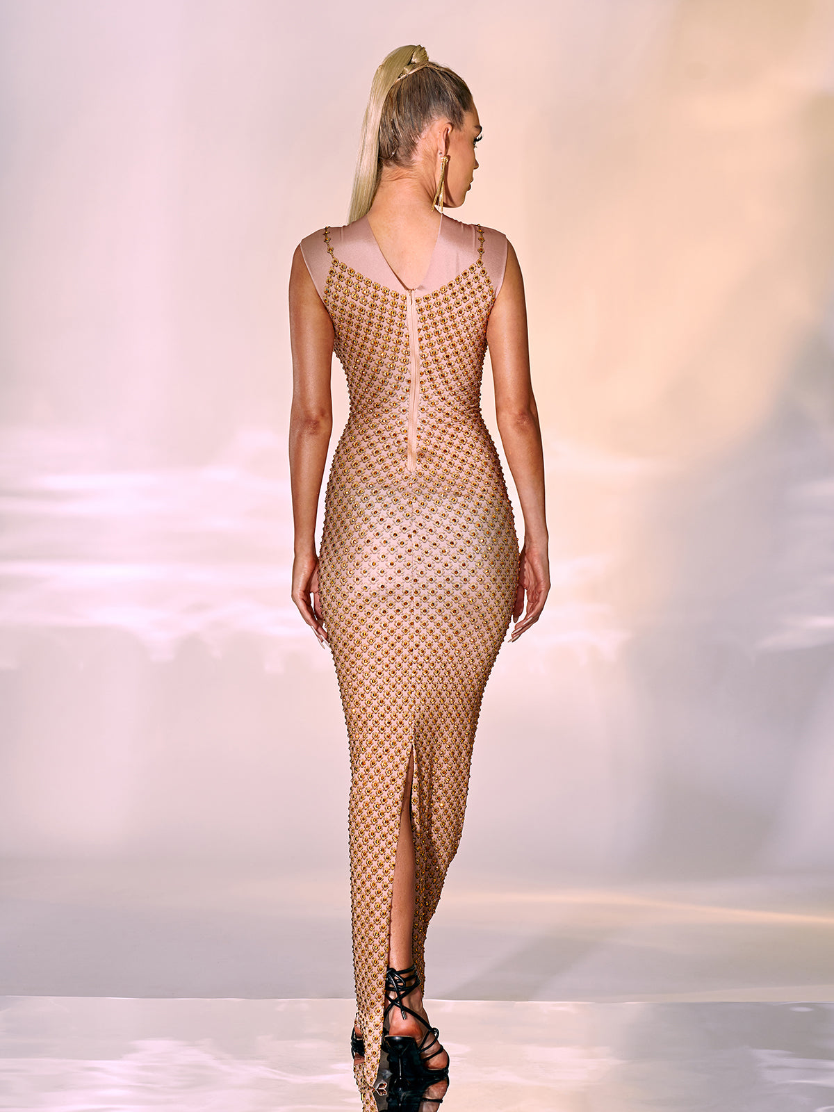 Illusion Neck Crystal Beaded Mesh Bodycon Maxi Dress