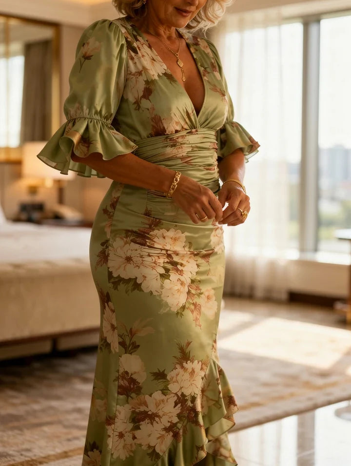 V-Neck Flounce Sleeve Floral Satin Ruched Ruffle Hem Mermaid Maxi Dress