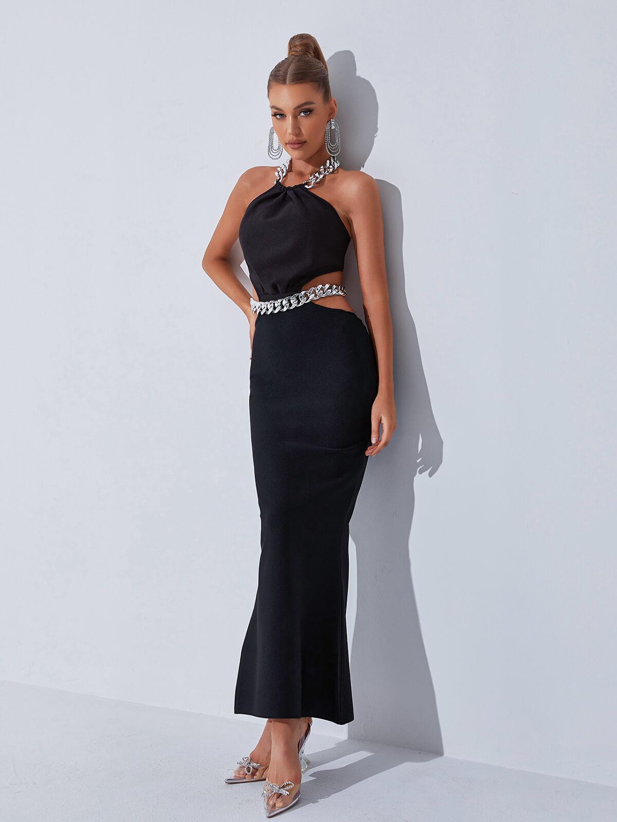 Chain Halter Neck Waist Cutout Bandage Bodycon Maxi Dress