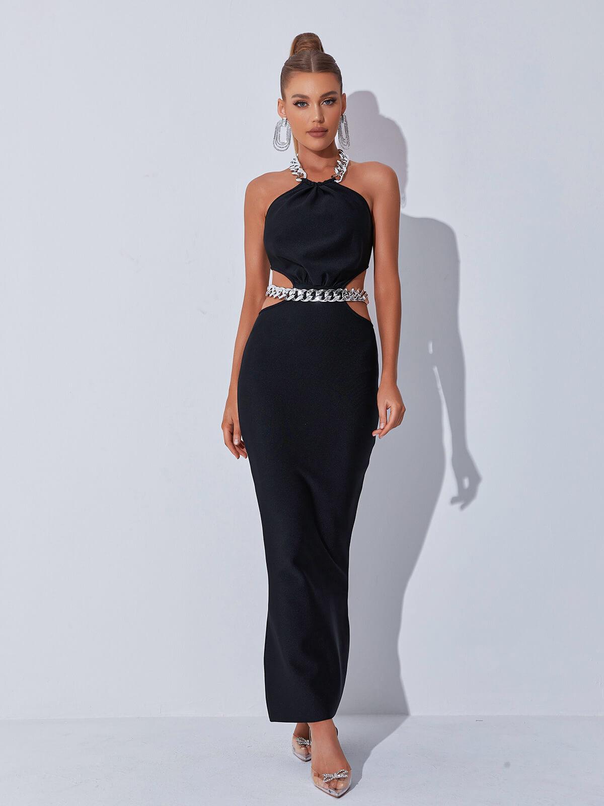 Chain Halter Neck Waist Cutout Bandage Bodycon Maxi Dress