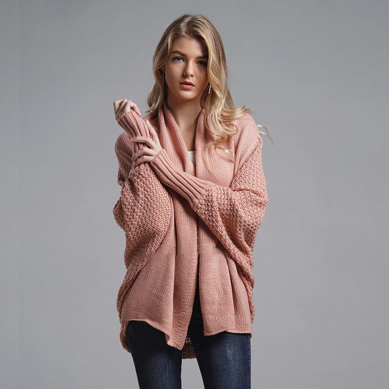 Oversized Sweater Knitted Patchwork Batwing Sleeves Cardigan Pink / One Size