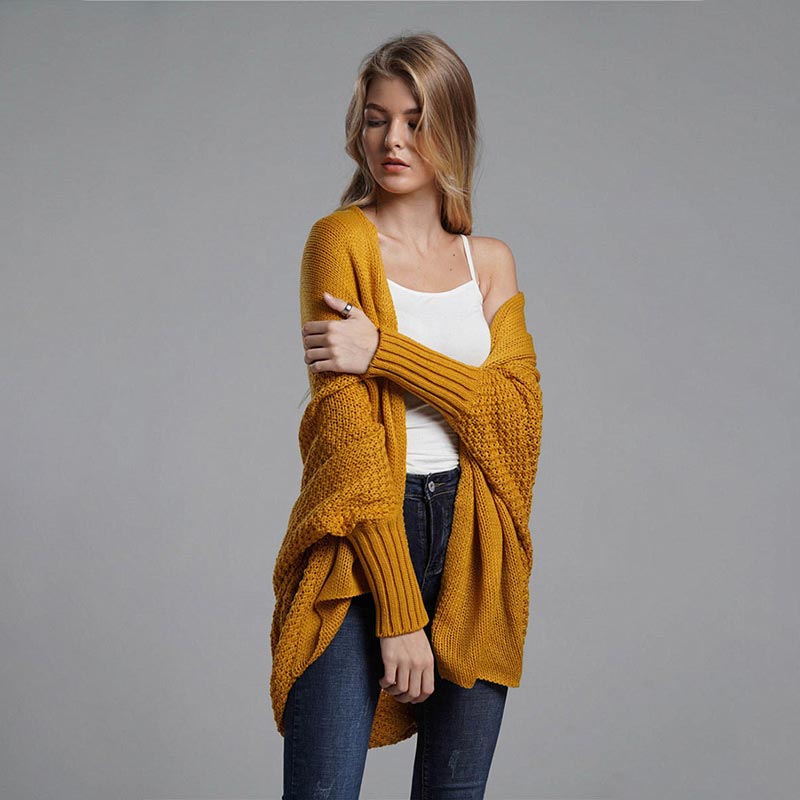 Oversized Sweater Knitted Patchwork Batwing Sleeves Cardigan Ginger Yellow / One Size