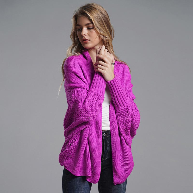 Oversized Sweater Knitted Patchwork Batwing Sleeves Cardigan Rose Red / One Size