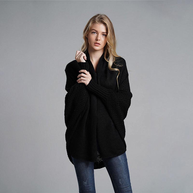 Oversized Sweater Knitted Patchwork Batwing Sleeves Cardigan Black / One Size