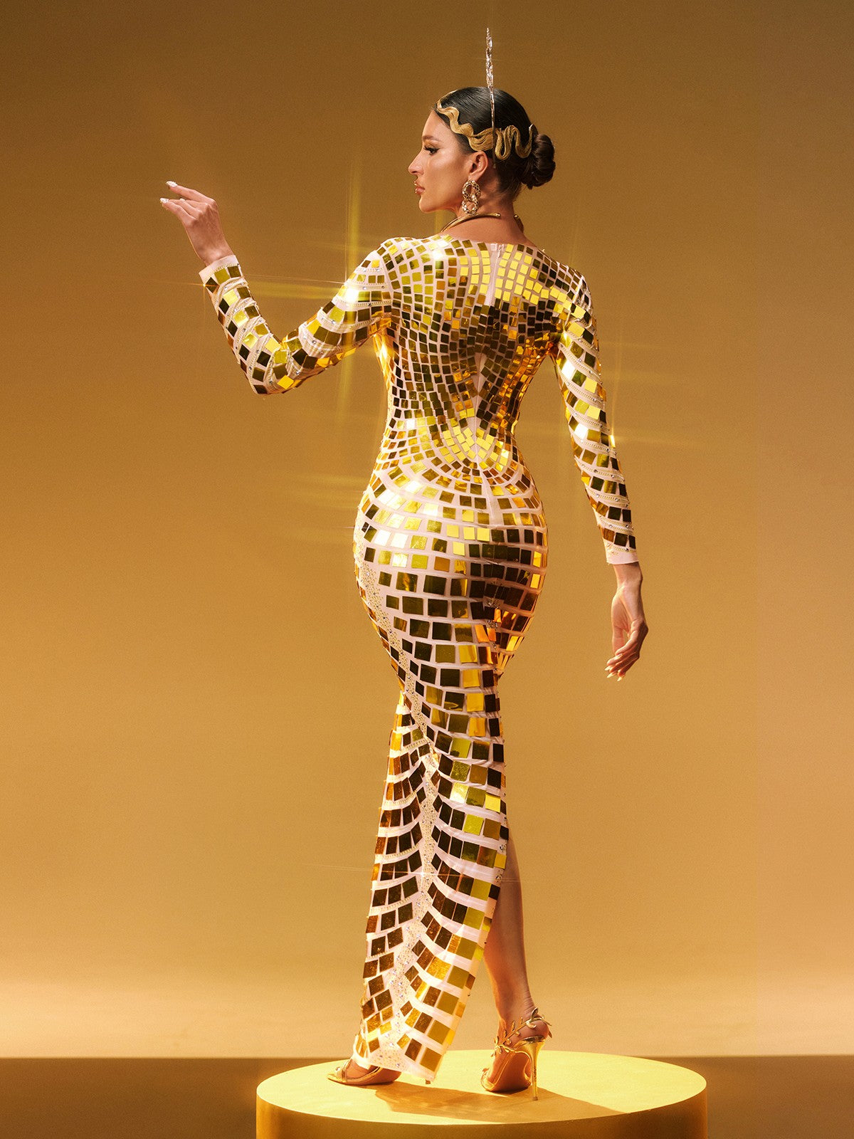 Long Sleeve Curve Embellished Maxi Dress In Gold