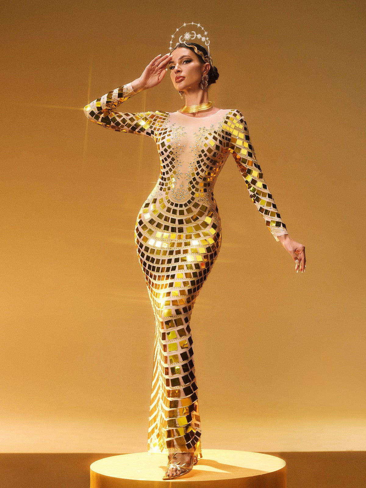 Long Sleeve Curve Embellished Maxi Dress In Gold