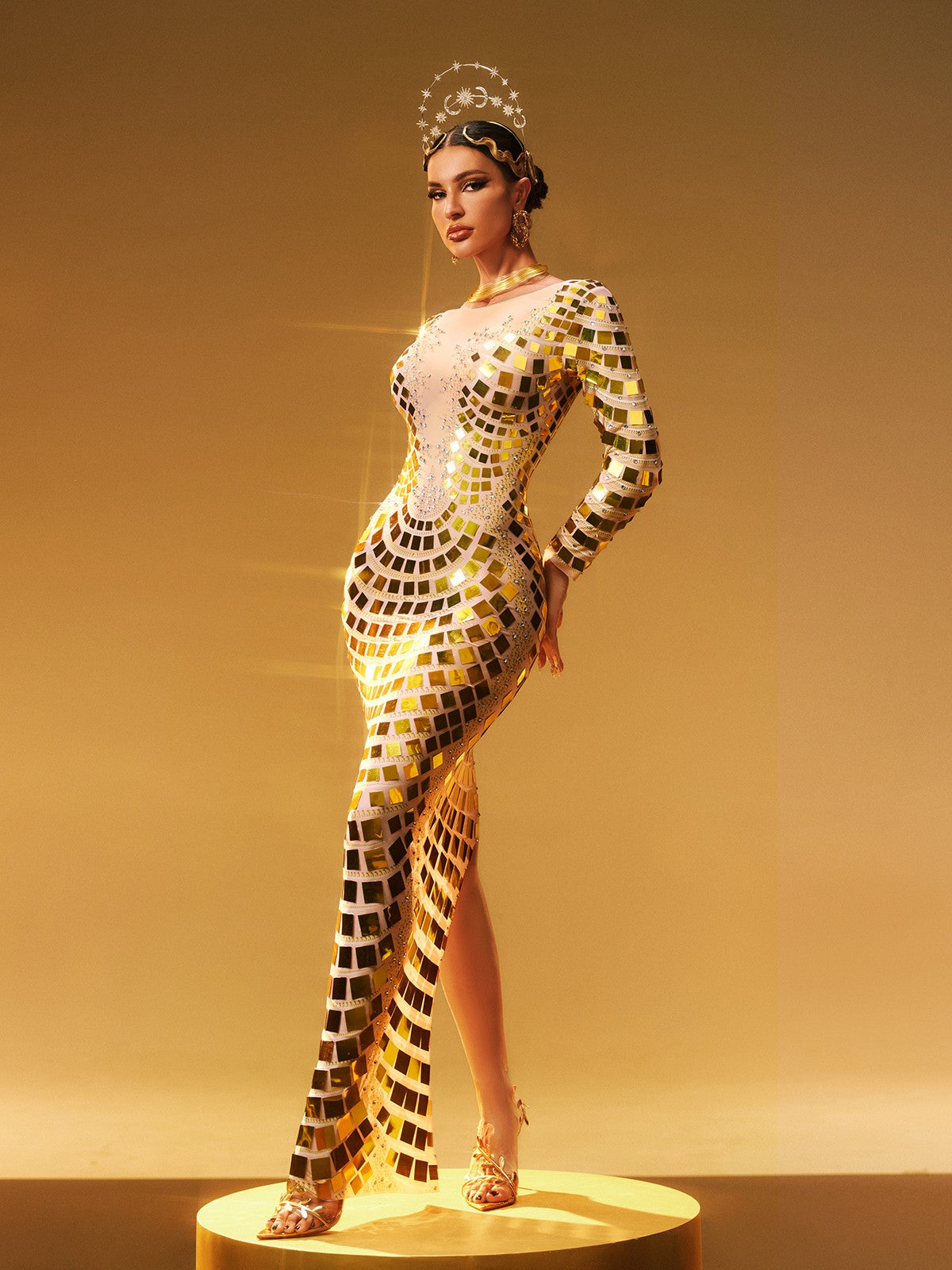 Long Sleeve Curve Embellished Maxi Dress In Gold