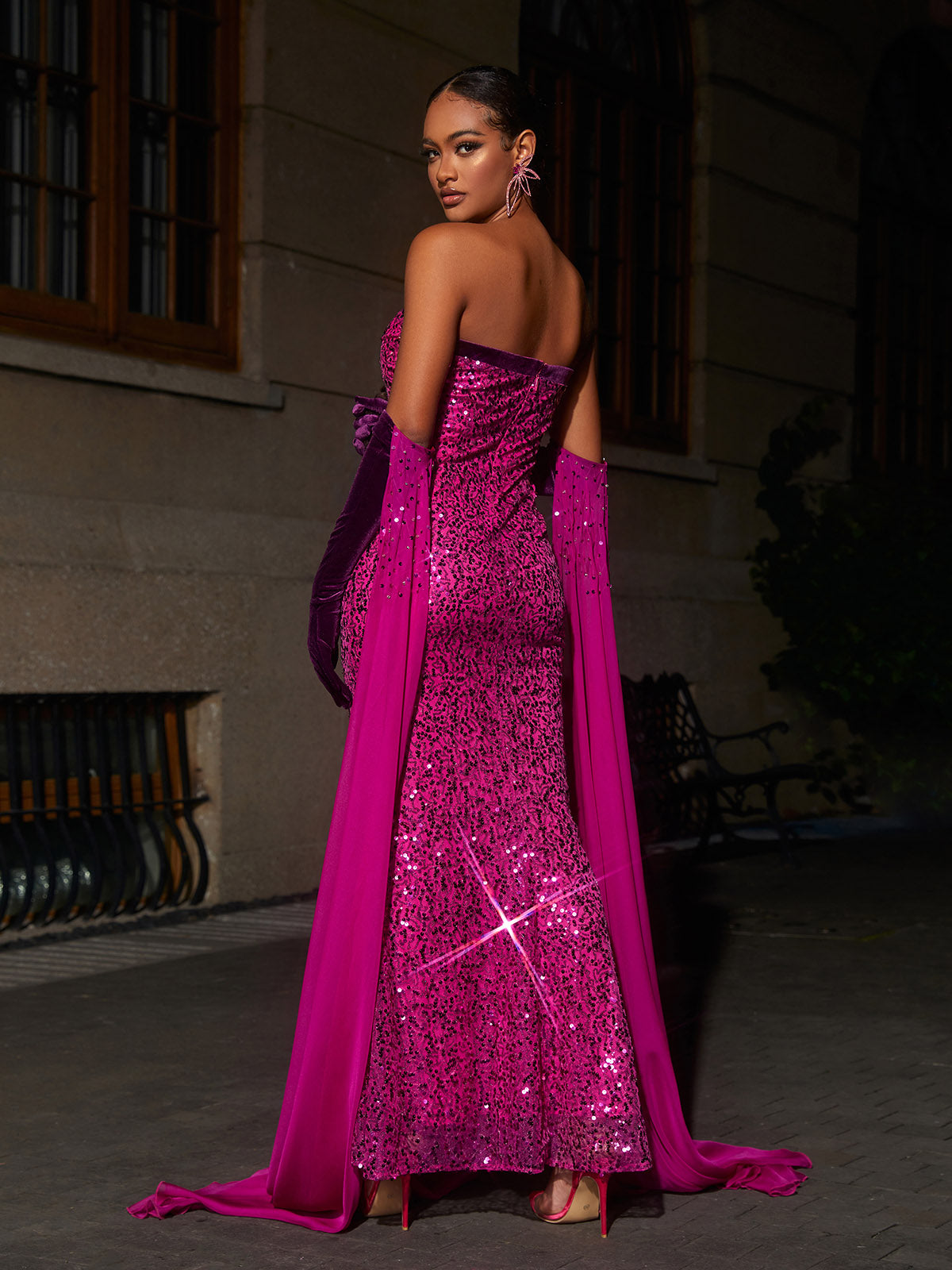 Strapless Sweetheart Sequin Mermaid Gown With Gloves