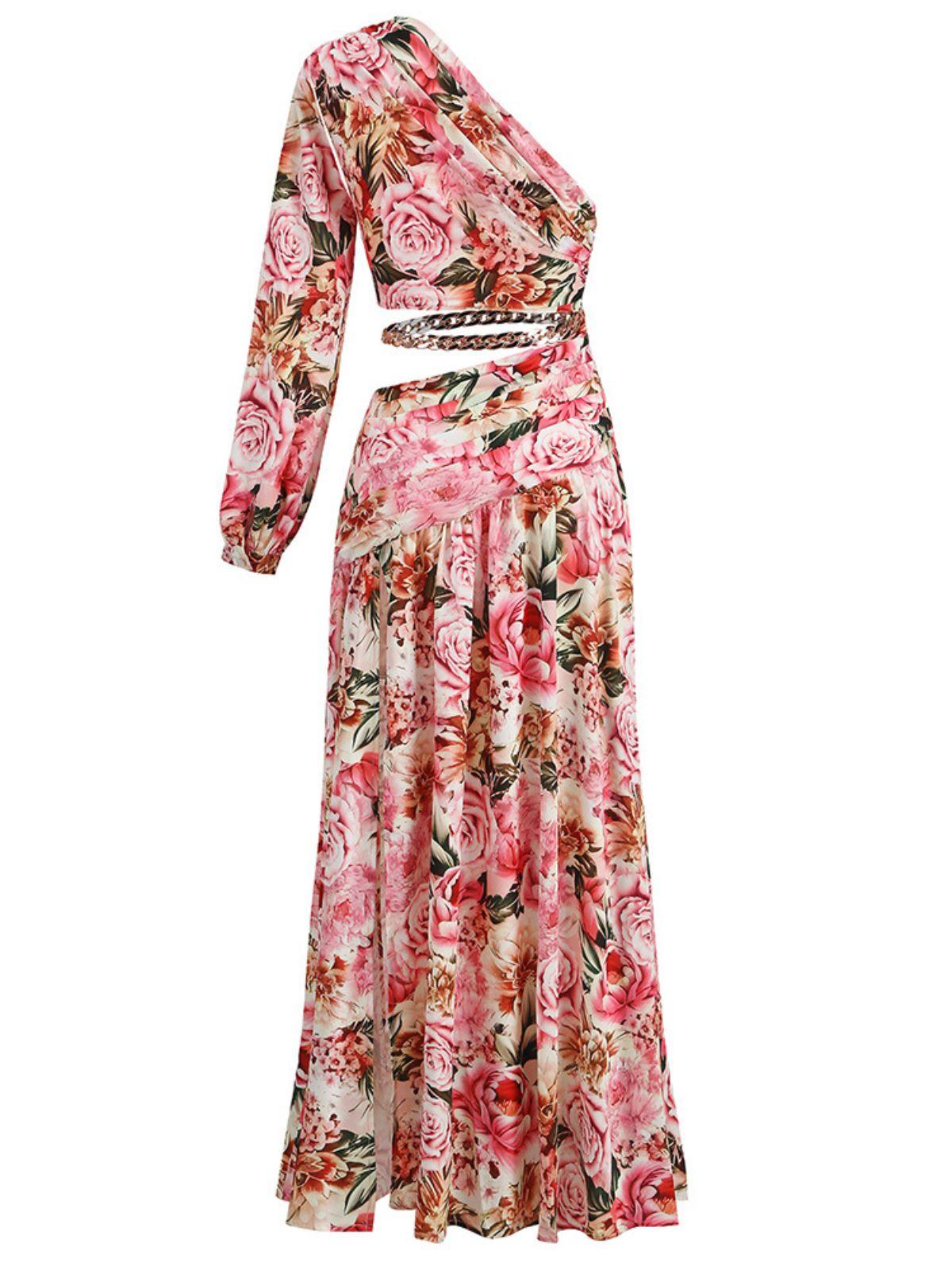 One Shoulder Floral Cutout High Slit Maxi Dress