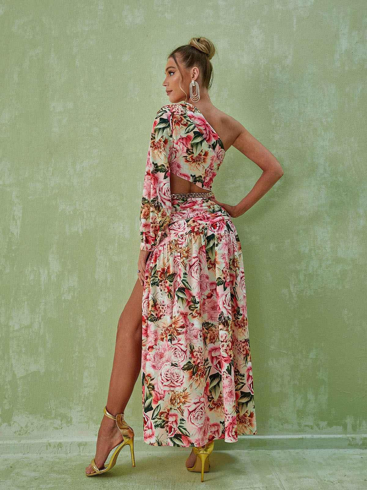 One Shoulder Floral Cutout High Slit Maxi Dress