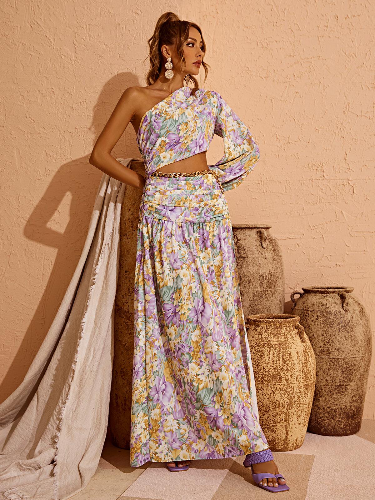 One Shoulder Long Sleeve Floral Cutout High Slit Maxi Dress
