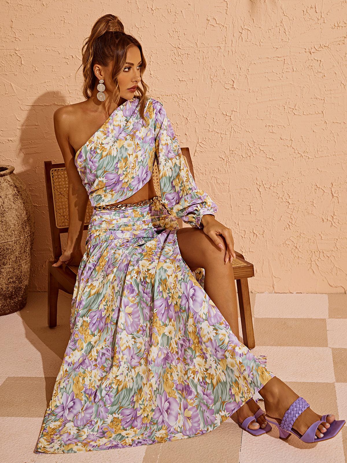 One Shoulder Long Sleeve Floral Cutout High Slit Maxi Dress
