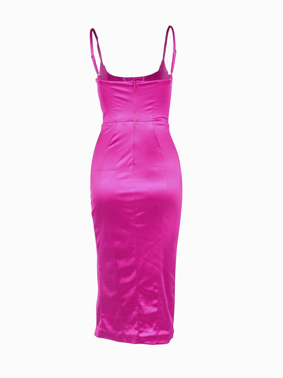 Spaghetti Strap Satin Corset Seam High Slit Bodycon Midi Dress
