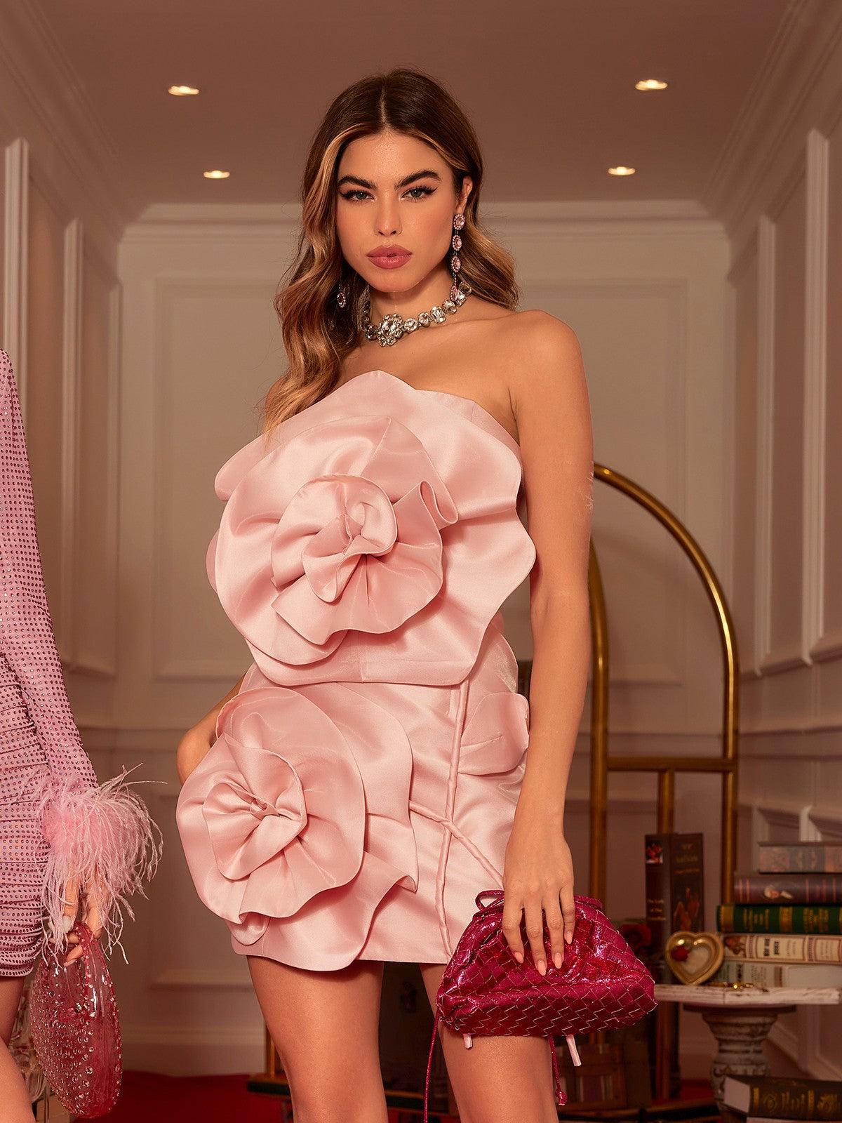 Strapless Flower Mini Dress In Blush