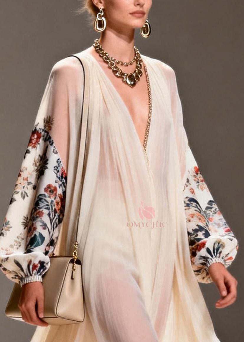 Apricot Print Chiffon Long Dresses Oversized Exra Large Hem Summer