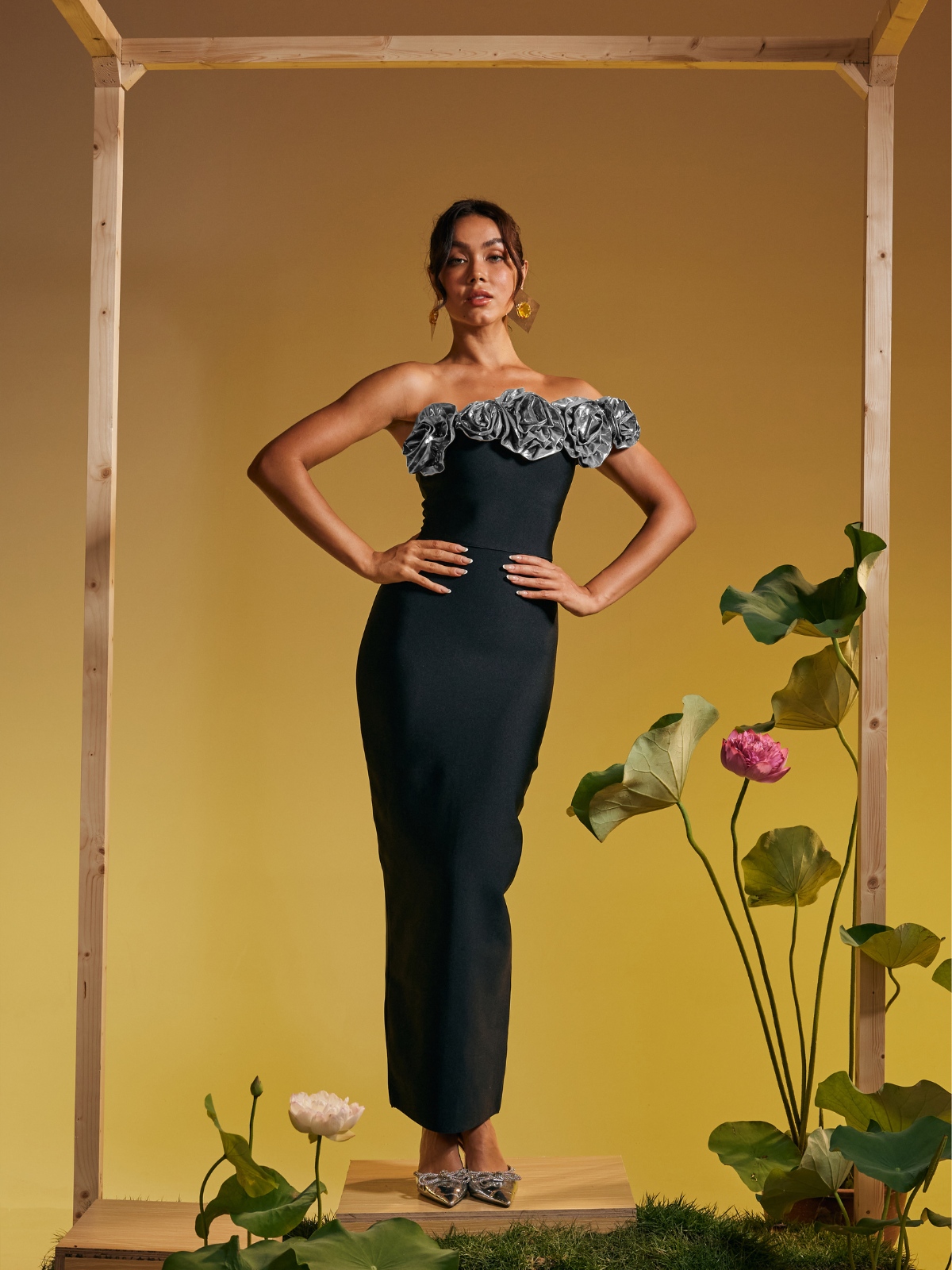 One Shoulder Flower Bandage Maxi Dress In Silver