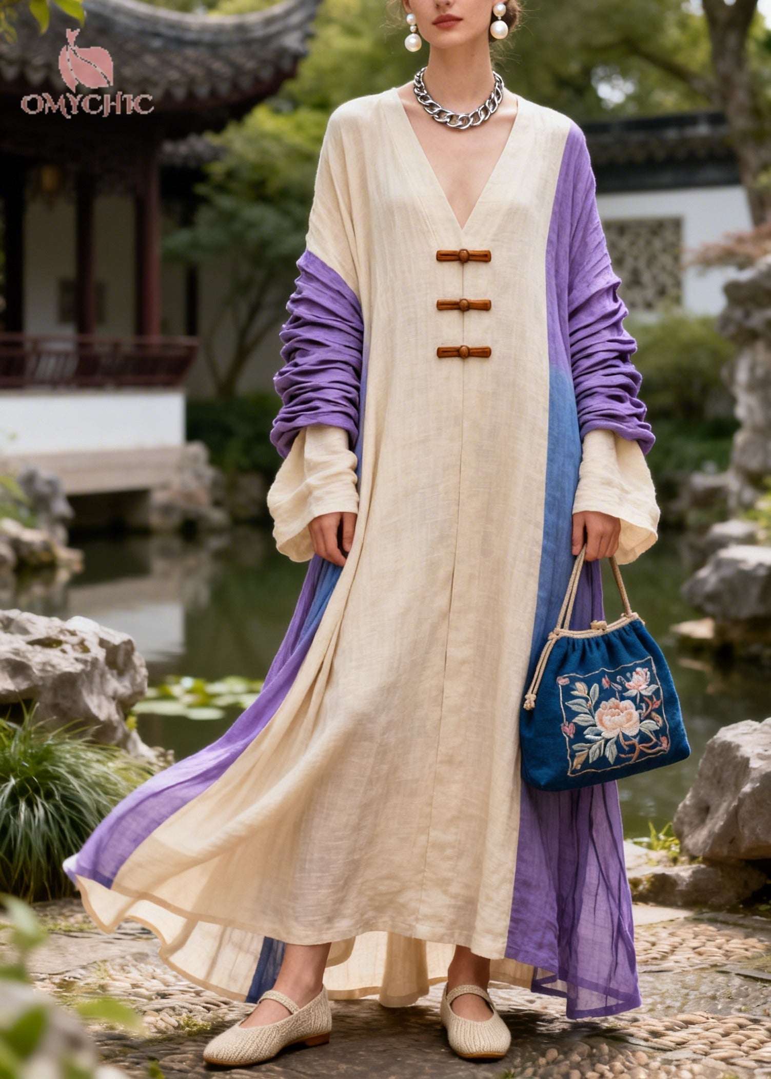 Art Beige Oversized Patchwork Chinese Button Cotton Maxi Dresses Fall