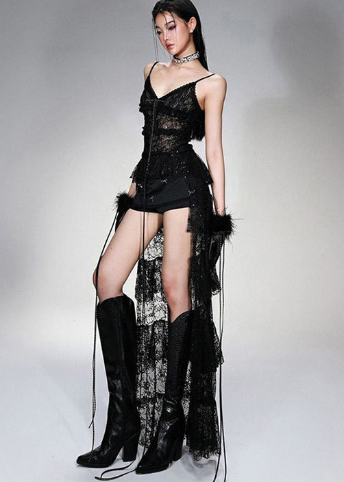 Art Black Tasseled Low High Design Lace Long Dress Summer