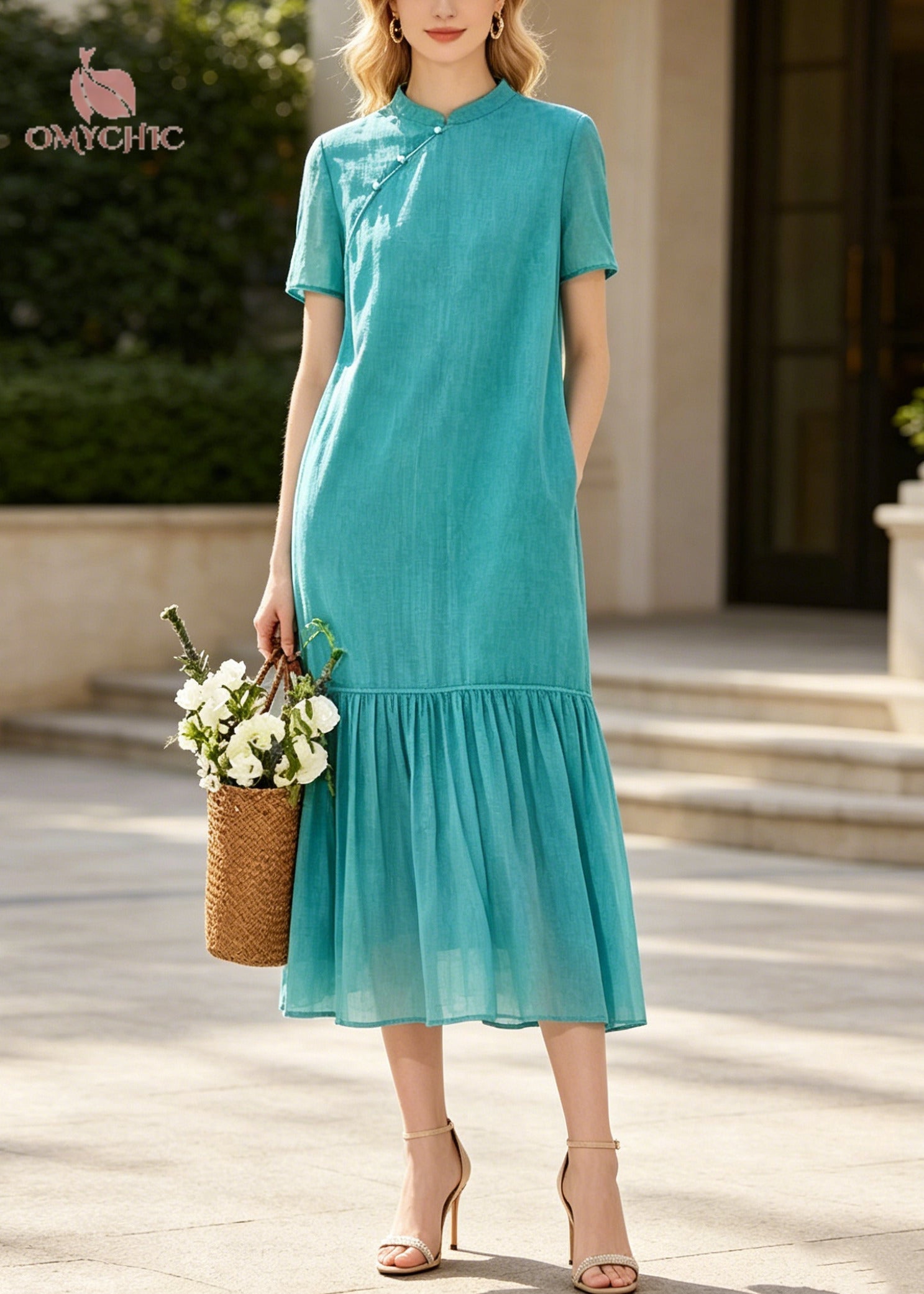 Art Blue Mandarin Collar Patchwork Cotton Long Dresses Summer