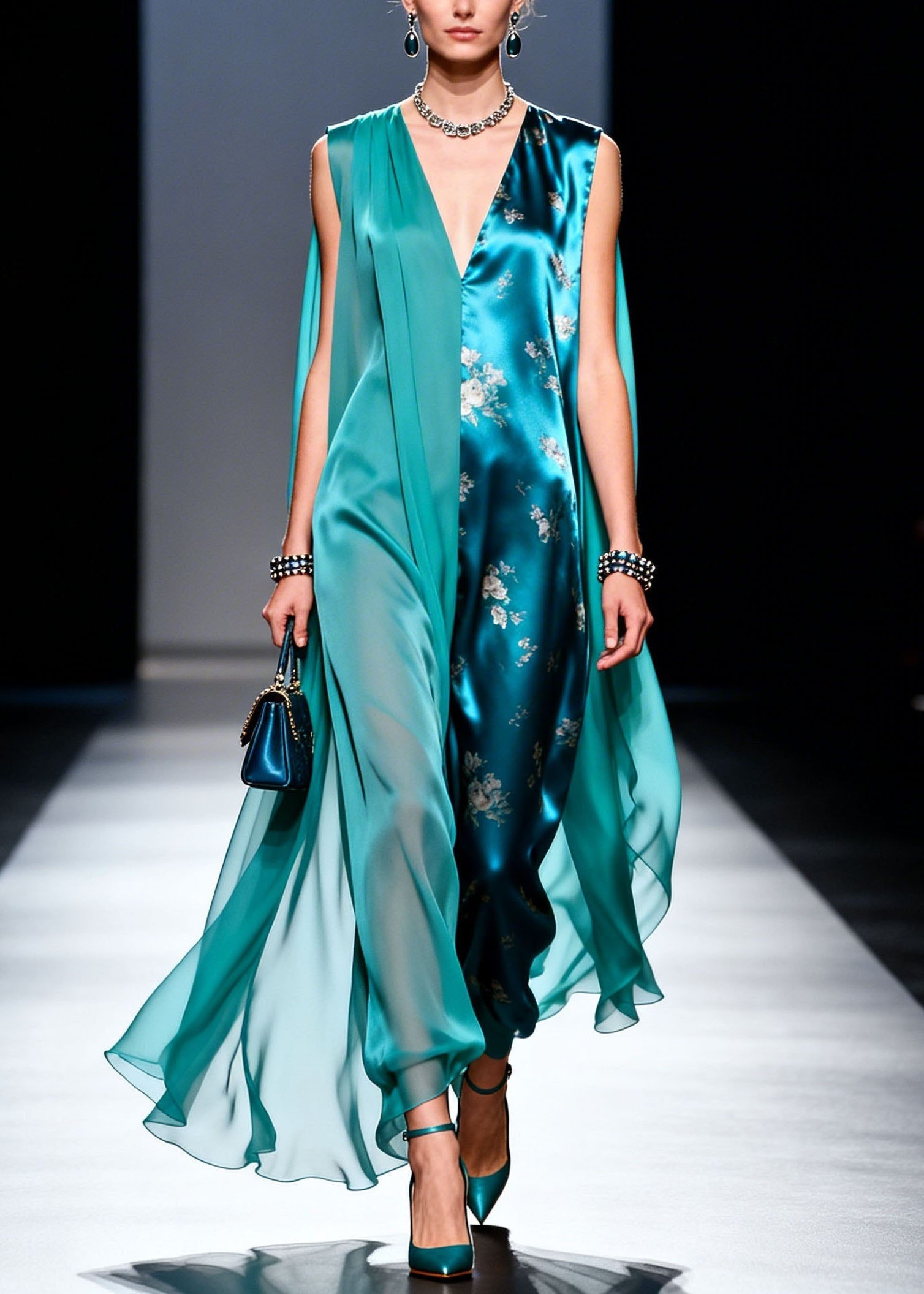 Art Colorblock V Neck Print Patchwork Chiffon Dresses Sleeveless