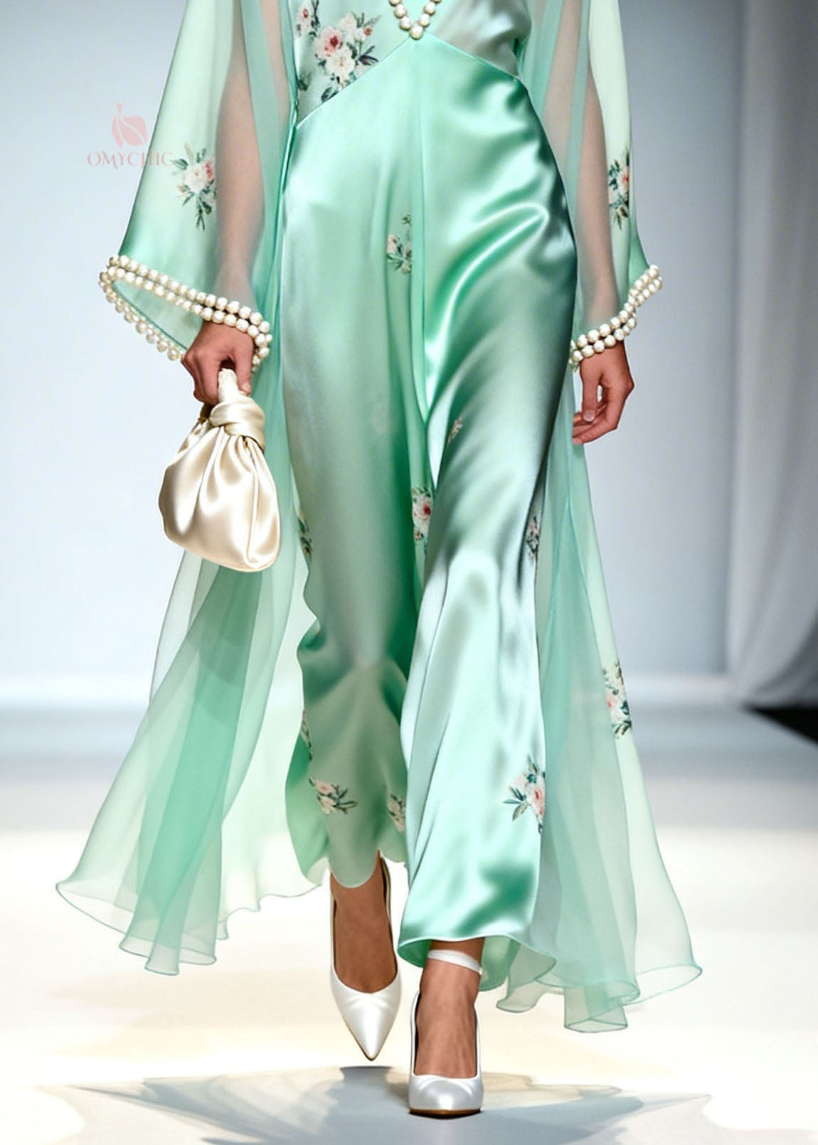 Art Light Green V Neck Print Nail Bead Silk Maxi Dress Summer