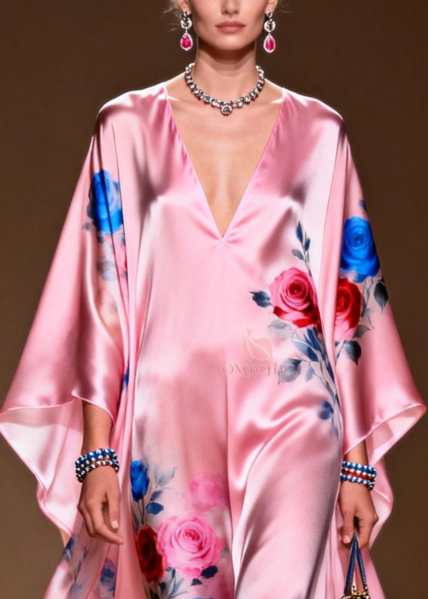 Art Pink Oversized Print Silk Party Dress Summer