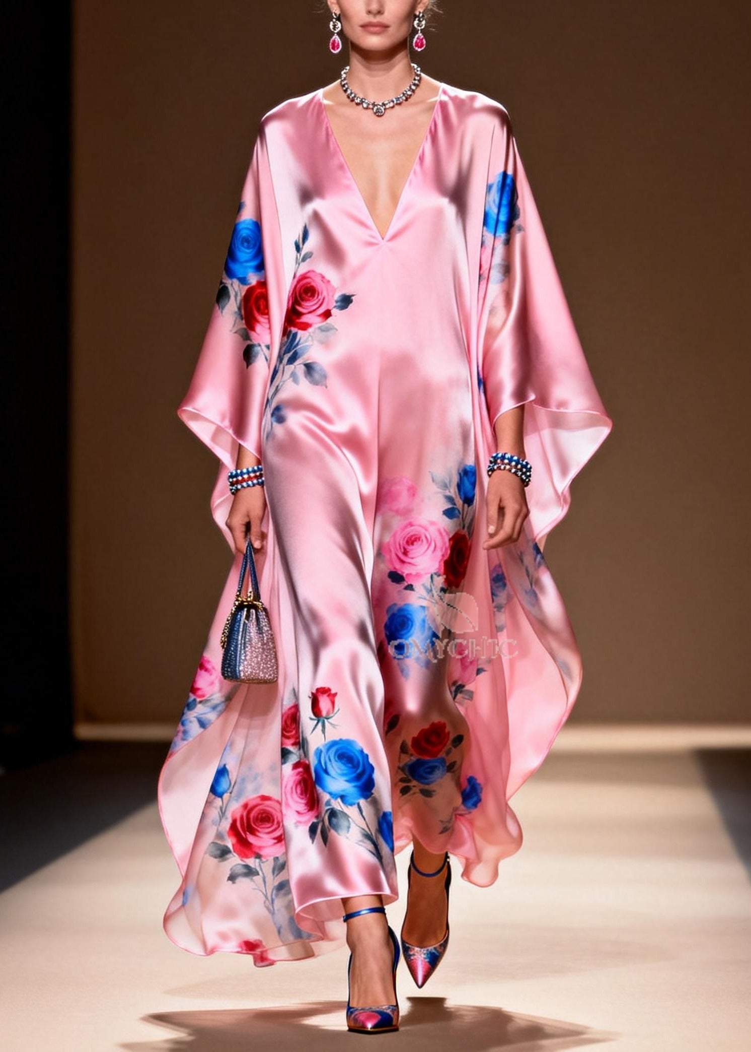 Art Pink Oversized Print Silk Party Dress Summer