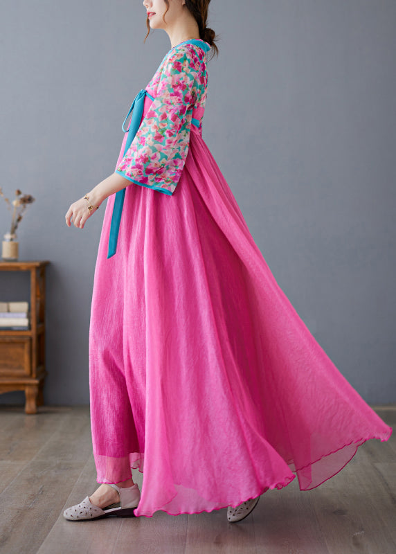 Art Rose V Neck Patchwork Exra Large Hem Cotton Long Dress Bracelet Sleeve