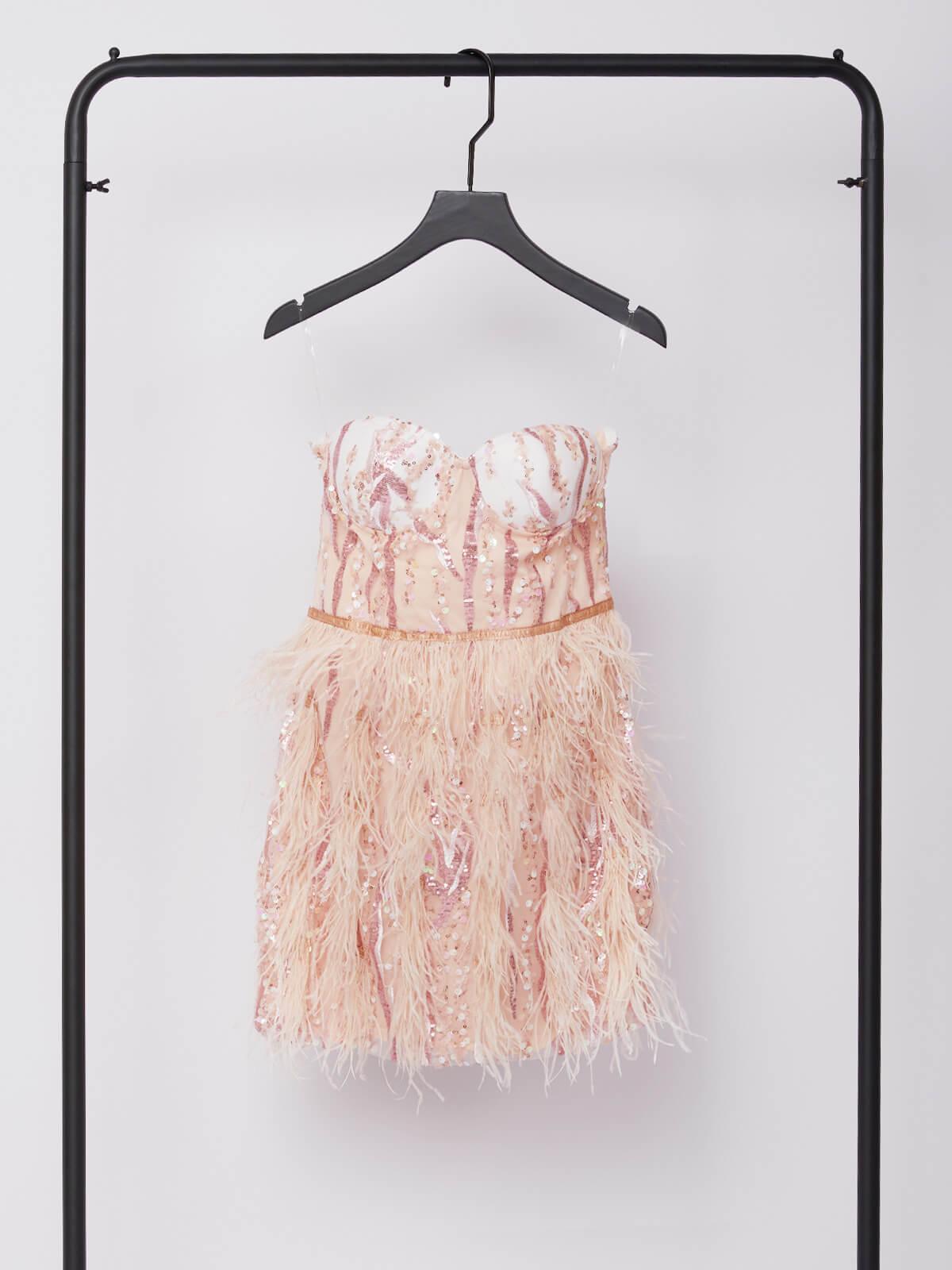 Strapless Sweetheart Sequin Feather Trimmed Corset Mini Dress