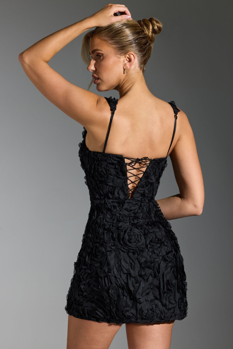 Vania Minimalist Floral Lace Up Square Neck Mini Dress in Black Boutique Collection