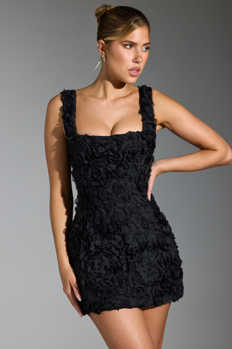 Sol Aesthetic Floral Lace Up Square Neck Mini Dress in Black Statement Occasion Edit