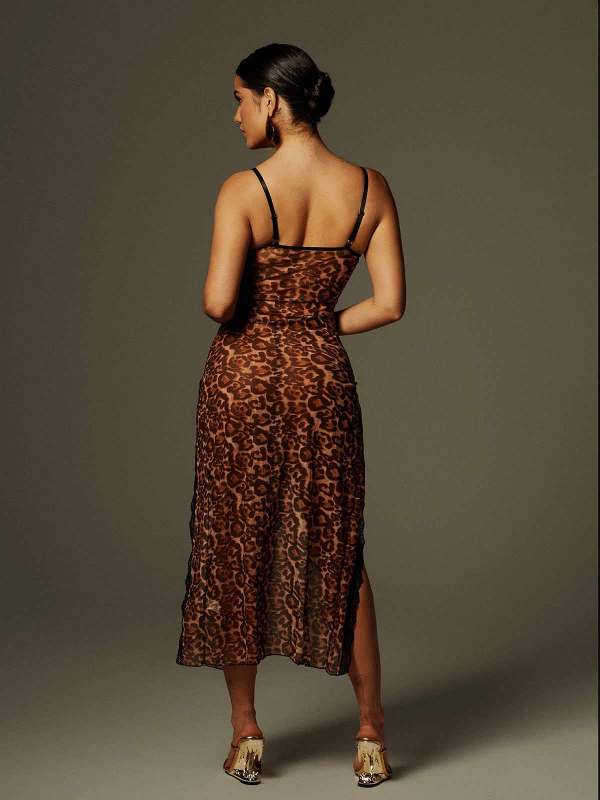 Spaghetti Leopard Split Midi Dress