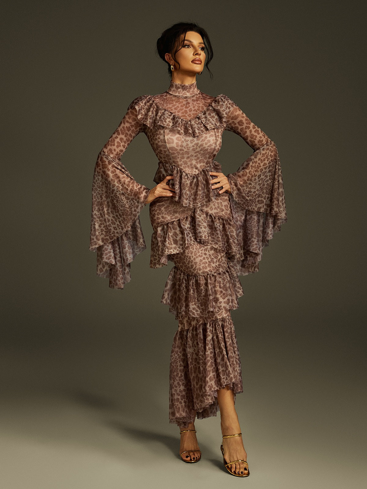 Bell Sleeve Leopard Midi Dress