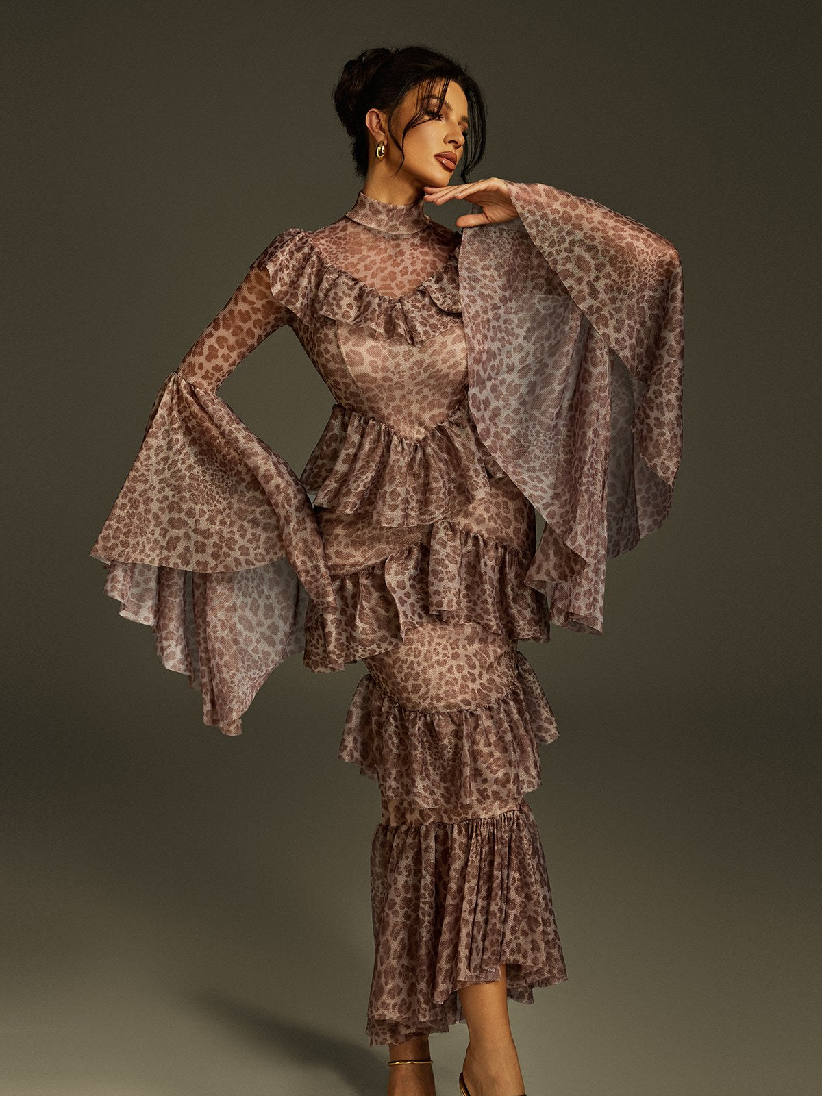 Bell Sleeve Leopard Midi Dress