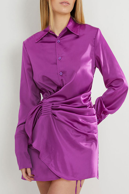 Fuchsia Collared Long Sleeve Satin Ruched Asymmetric Shirt Mini Dress