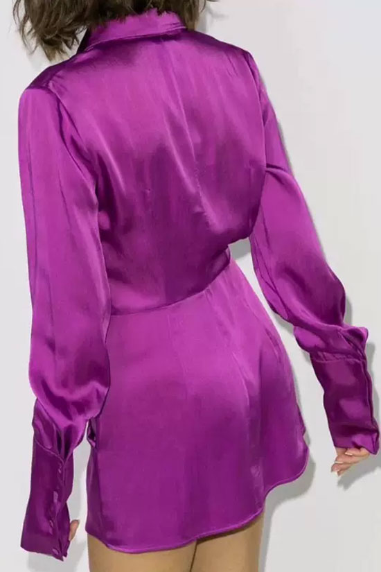 Fuchsia Collared Long Sleeve Satin Ruched Asymmetric Shirt Mini Dress